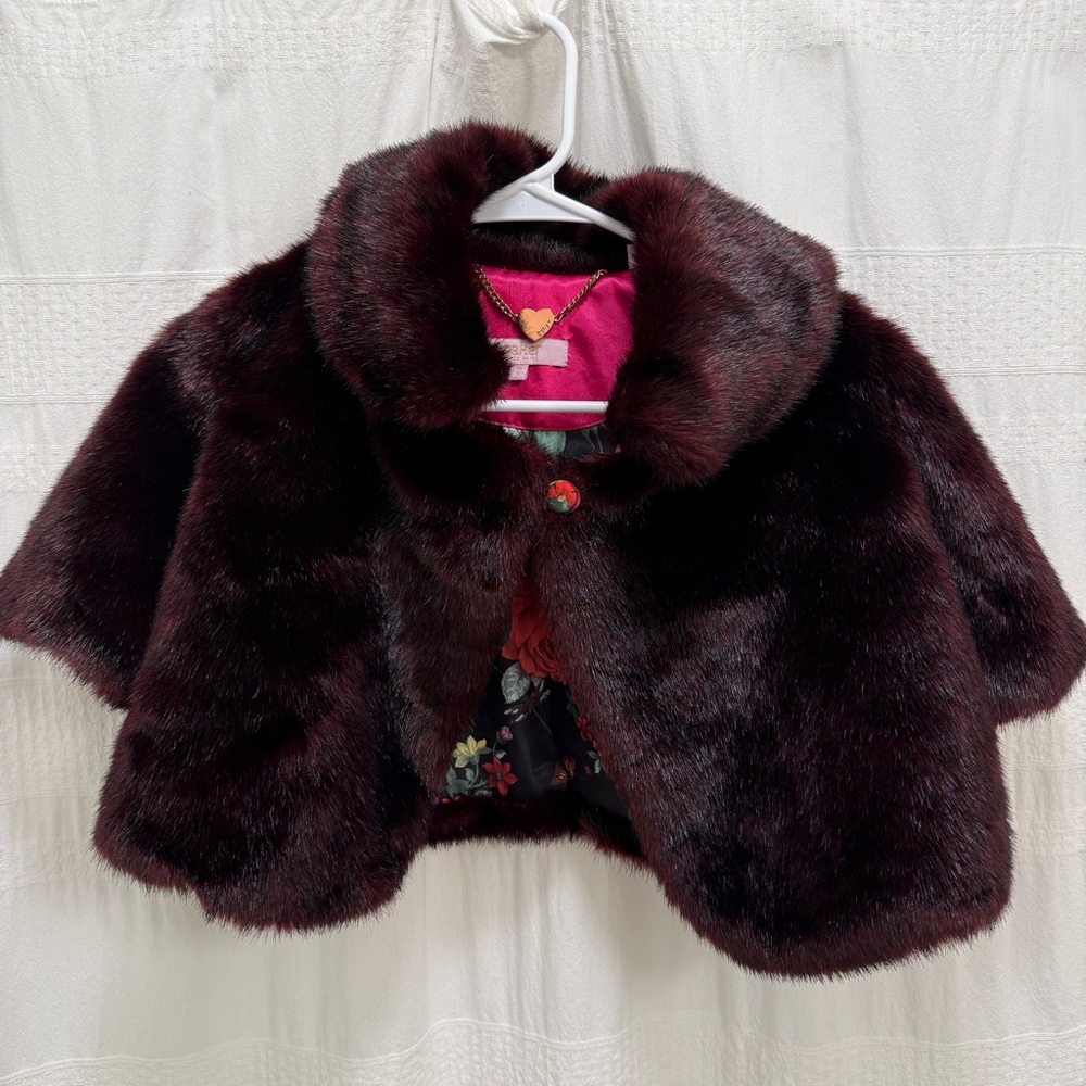 Baker by Ted Baker Faux Fur Collar Shawl Shrug Coat Burgundy Size Medium